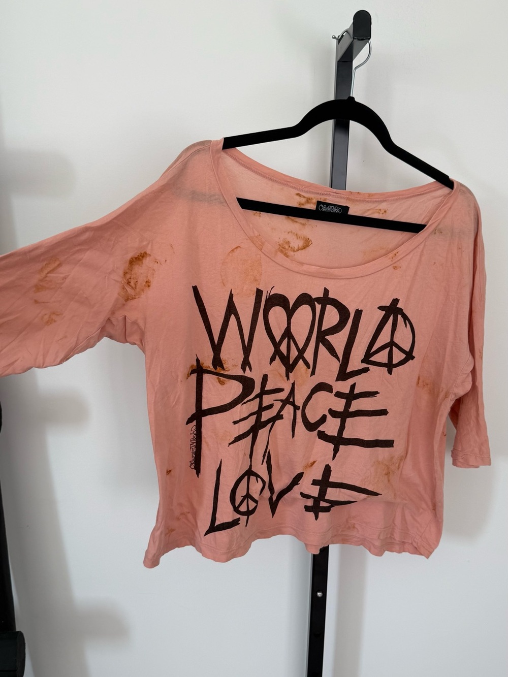 Lauren Moshi Pink "World Peace Love" Graphic Short Sleeve Tee with Rust Print